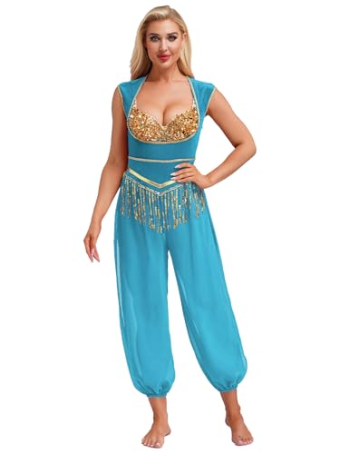 Miutii Bauchtanz Kleidung Damen Arabische Prinzessin Kostüm Brustfrei Body Overall Jumpsuit mit Pailletten Haremhose Indische Tanzkleidung Blau M von Miutii