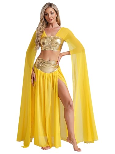 Miutii Damen Ägyptische Königin Kostüm Ägyptisches Kleid Langarm Metallic Crop Tops + Lang Schlitz Rock Halloween Karneval Fasching Tanzkleid Gold L von Miutii