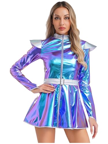 Miutii Damen Alien Kostüm Space Girl Kleid Wetlook Minikleid Metallic Langarm Kleid mit Tutu Rock Halloween Karneval Fasching Mottoparty Blau L von Miutii