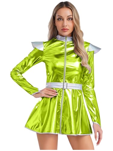 Miutii Damen Alien Kostüm Space Girl Kleid Wetlook Minikleid Metallic Langarm Kleid mit Tutu Rock Halloween Karneval Fasching Mottoparty Grün M von Miutii