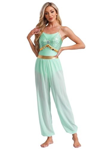Miutii Damen Arabische Prinzessin Kostüm Pailletten Jumpsuit Glitzer Body Overall mit Chiffon Pumphose Bauchtanz Kostüm Halloween Karneval Fasching Kostüm Blaugrün M von Miutii