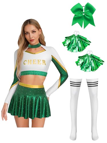 Miutii Damen Cheer Leader Kostüm 5er Set Cheerleading Uniform Langarm Crop Tops mit Minirock Pompoms Halloween Karneval Fasching Tanzkleid Grün M Miutii Damen Cheer Leader Kostüm 5er Set Cheerleading Uniform Langarm Crop Tops mit Minirock Pompoms Halloween Karneval Fasching Tanzkleid Grün M von Miutii