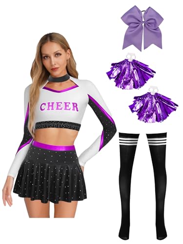 Miutii Damen Cheer Leader Kostüm 5er Set Cheerleading Uniform Langarm Crop Tops mit Minirock Pompoms Halloween Karneval Fasching Tanzkleid Lila XXL Miutii Damen Cheer Leader Kostüm 5er Set Cheerleading Uniform Langarm Crop Tops mit Minirock Pompoms Halloween Karneval Fasching Tanzkleid Lila XXL von Miutii