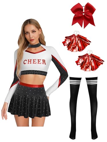 Miutii Damen Cheer Leader Kostüm 5er Set Cheerleading Uniform Langarm Crop Tops mit Minirock Pompoms Halloween Karneval Fasching Tanzkleid Rot L von Miutii