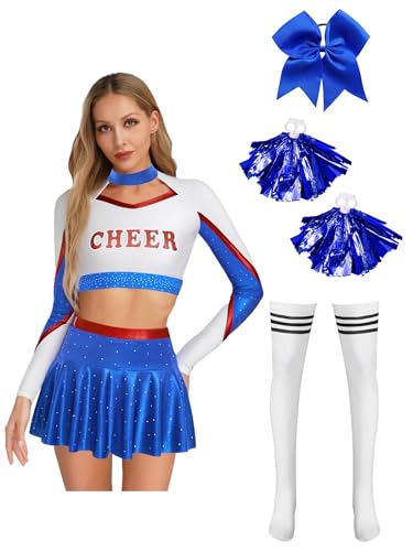 Miutii Damen Cheer Leader Kostüm 5er Set Cheerleading Uniform Langarm Crop Tops mit Minirock Pompoms Halloween Karneval Fasching Tanzkleid Royal Blau XXL Miutii Damen Cheer Leader Kostüm 5er Set Cheerleading Uniform Langarm Crop Tops mit Minirock Pompoms Halloween Karneval Fasching Tanzkleid Royal Blau XXL von Miutii