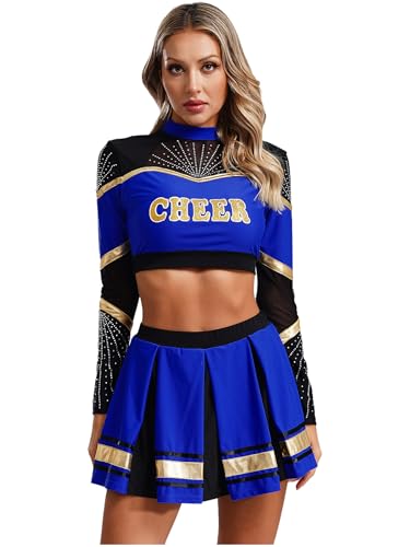 Miutii Damen Cheer Leader Kostüm Cheerleading Uniform Langarm Crop Tops mit Minirock Faltenrock Halloween Karneval Faschingskostüm Blau XXL Miutii Damen Cheer Leader Kostüm Cheerleading Uniform Langarm Crop Tops mit Minirock Faltenrock Halloween Karneval Faschingskostüm Blau XXL von Miutii