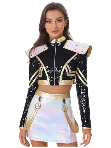Miutii Damen Dämon Jäger Kostüm Sängerin Outfits Pailletten Bolero Jacke + Metallic Rock Minirock Halloween Karneval Fasching Tanzkostüm Schwarz S Miutii Damen Dämon Jäger Kostüm Sängerin Outfits Pailletten Bolero Jacke + Metallic Rock Minirock Halloween Karneval Fasching Tanzkostüm Schwarz S von Miutii