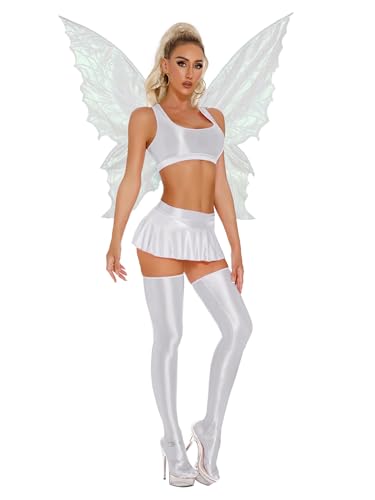 Miutii Damen Fee Kleid Waldfee Elfen Kostüm mit Schmetterlings Feenflügel Glossy BH Tops Minirock Strümpfe Feenkostüm Karneval Fasching Party Outfits Weiß L von Miutii