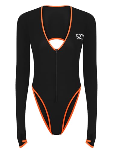 Miutii Damen Gefangener Kostüm Orange Sträfling Kostüm Gefängnis Prisoner Body Overall Halloween Karneval Faschingskostüm Schwarz S von Miutii