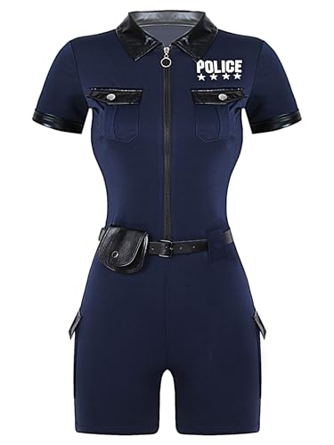Miutii Damen Polizistin Kostüm Kurzarm Body Overall mit Gürtel Zubehör Polizei Anzug Uniform Halloween Karneval Fasching Party Outfits Marine Blau XXL von Miutii