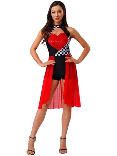 Miutii Damen Rennfahrer Kostüm Rennfahrer Uniform Kariert Pailletten Kleid mit Mesh Rock Rennwagen Kostüm Halloween Karneval Fasching Partykleid Rot XXL Miutii Damen Rennfahrer Kostüm Rennfahrer Uniform Kariert Pailletten Kleid mit Mesh Rock Rennwagen Kostüm Halloween Karneval Fasching Partykleid Rot XXL von Miutii