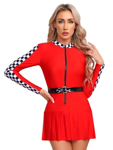 Miutii Damen Rennfahrer Kostüm Rennfahrer Uniform Langarm Rennwagen Kostüm Kleid mit Gürtel Minikleid Partykleid Karneval Fasching Kostüm Rot XXL von Miutii