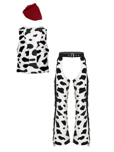 Miutii Herren Cowboy Kostüm Kuh Muster Wild Western Weste + Flanell Hose Chaps + Bandana Halloween Karneval Fasching Hippe Tanzkostüm Rot L von Miutii