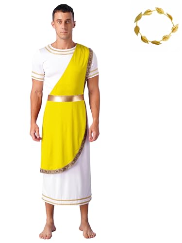 Miutii Herren Griechischer Gott Kostüm Antike Römische Toga Kleid mit Kopfschmuck Gladiator Kostüm Halloween Karneval Party Clubwear Gelb XXL von Miutii