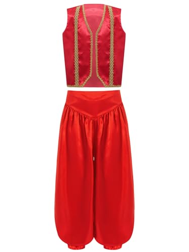 Miutii Jungen Arabische Prinz Kostüm Mittelalter Weste Jacke + Aladinhose Kinder Arabische Kleidung Dieb Wunderlampe Karneval Fasching Party Outfits Weinrot 170-176 von Miutii