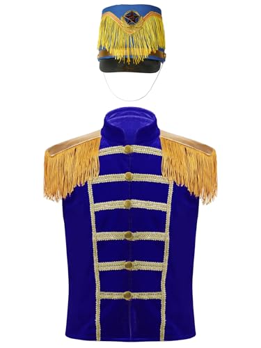 Miutii Jungen Mädchen Zirkus Jacke mit Hut Samt Weste Gothic Frack Jacke Mantel Blazer Zirkusdirektor Uniform Weihnachten Karneval Fasching Tanzkostüm Blau B 146-152 von Miutii