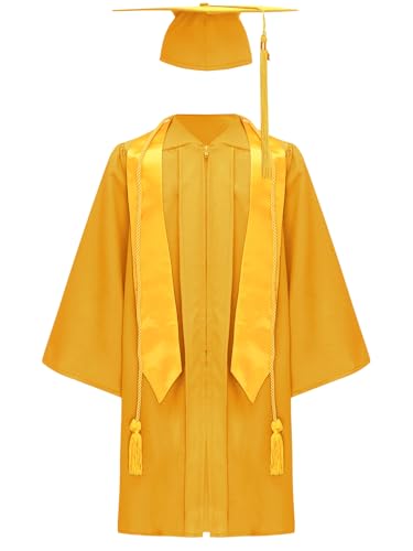 Miutii Kinder Abschluss Talar Jungen Mädchen Akademischer Robe mit Quasten Doktorhut Abschlussfeier Abschluss Robe Umhang Cape Gelb 110-116 von Miutii