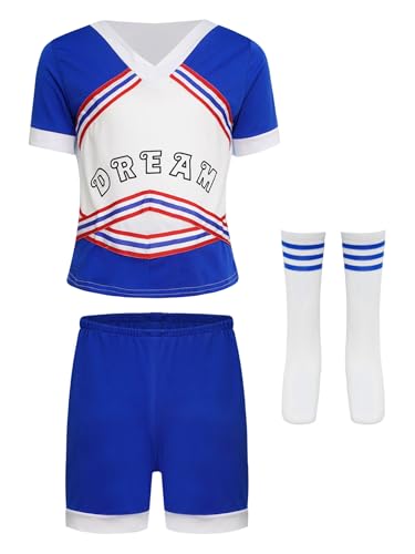 Miutii Kinder Jungen Mädchen Cheer Leader Kostüm Cheerleading Uniform Kurzarm T-Shirt mit Shorts Socken Karneval Fasching Party Outfits Blau 122-128 von Miutii