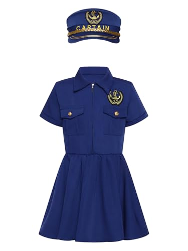Miutii Kinder Mädchen Polizei Kostüm Polizistin Uniform Kurzarm Tutu Kleid mit Mütze Halloween Karneval Fasching Partykleid A Marineblau 140-152 von Miutii