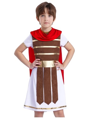 Miutii Kinder Römisches Gladiator Kostüm Jungen Mittelalter Ritter Toga Kleid mit Umhang Krieger Soldat Kostüm Halloween Karneval Fasching Braun 110-116 von Miutii