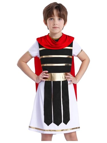 Miutii Kinder Römisches Gladiator Kostüm Jungen Mittelalter Ritter Toga Kleid mit Umhang Krieger Soldat Kostüm Halloween Karneval Fasching Schwarz 146-152 von Miutii