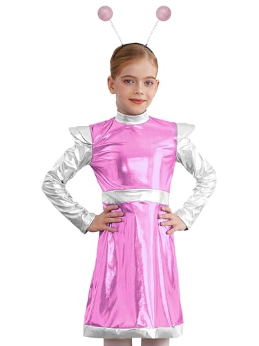 Miutii Mädchen Alien Kleid Space Girl Kostüm Metallic Alien Kleid mit Haarreif Außerirdischer Tanzkleid Karneval Fasching Show Tanzkostüm Rosa 170-176 von Miutii