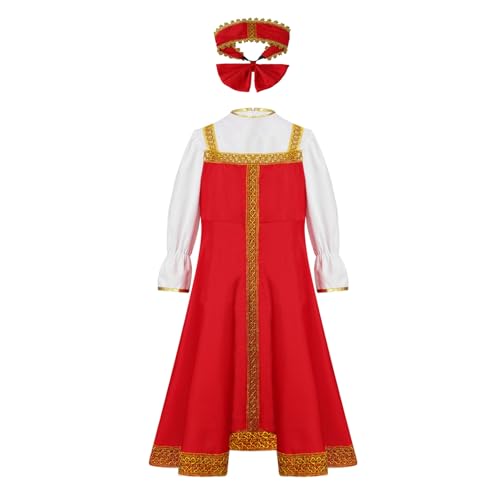 Miutii Mädchen Festlich Kleid Russischen Traditionellen Puffärmel Kleid mit Kopfbedeckung Trachtenkleid Prinzessin Kleider Geburtstag Partykleid Rot 122-128 von Miutii