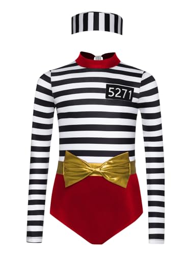 Miutii Mädchen Gefangener Kostüm Gefängnis Häftling Kostüm Streifen Body Overall mit Mütze Insasse Outfit Halloween Karneval Fasching Burgundy 122-128 von Miutii