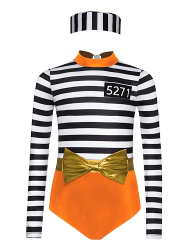 Miutii Mädchen Gefangener Kostüm Gefängnis Häftling Kostüm Streifen Body Overall mit Mütze Insasse Outfit Halloween Karneval Fasching Orange 158-164 von Miutii