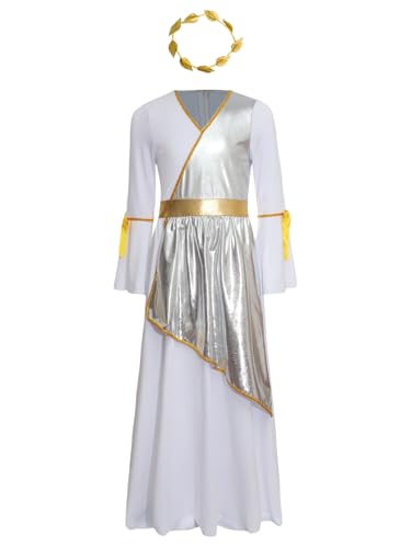Miutii Mädchen Griechische Göttin Kostüm Römische Prinzessin Kleid mit Lorbeerkranz Engel Kleid Engelskostüm Halloween Karneval Fasching Partykleid Silber 170-176 von Miutii