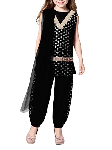 Miutii Mädchen Indische Kleidung Arabische Prinzessin Indisch Tank Tops + Pumphose + Schal Bauchtanz Outfit Karneval Fasching Tanzkostüm Schwarz 158-164 von Miutii
