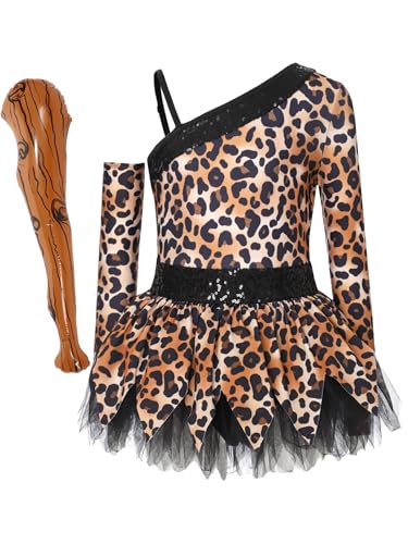 Miutii Mädchen Kiesel Kostüm Leopard Muster Steinzeit Feuerstein Kleid Mit Zubehör Tutu Kleid Halloween Karneval Geburtstag Partykleid Braun 122-128 von Miutii