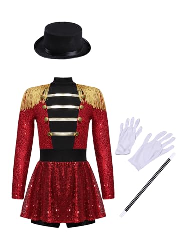 Miutii Mädchen Zirkus Kleid Langarm Pailletten Kleid mit Hut Zirkusdirektor Uniform Glitzer Tanzkleid Halloween Karneval Fasching Partykleid Rot 134-140 von Miutii