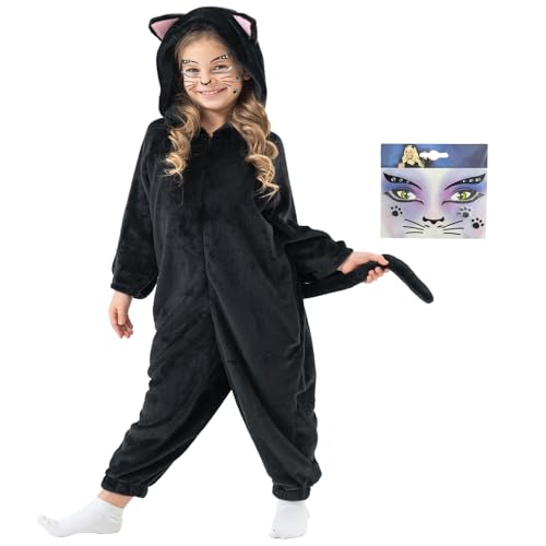 MivBuks Katzenkostüm für Kinder Mädchen - Tier Kostüm Katze Faschingskostüm Plüschkostüm Jumpsuit von MivBuks