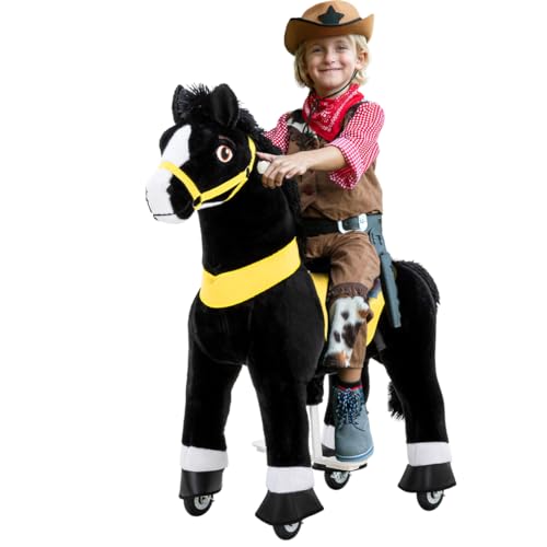 PonyCycle Black Beauty | 𝟯 𝐉𝐀𝐇𝐑𝐄 𝐆𝐀𝐑𝐀𝐍𝐓𝐈𝐄 - E-Serie Pferd - Schaukelpferd mit Handbremse - Kuscheltier - Spielpferd zum Reiten - Kinder Pony auf Rollen - Plüschtier - 3-5 Jahre von Miweba