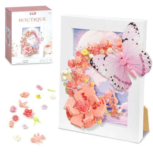 Miyacare Biene Blumen Micro Mini Bauset, Klemmbausteine Bilderrahmen Sonnenblume, Geschenk für Mädchen ab 6 Jahren und Erwachsene (Schmetterling-Pink) von Miyacare