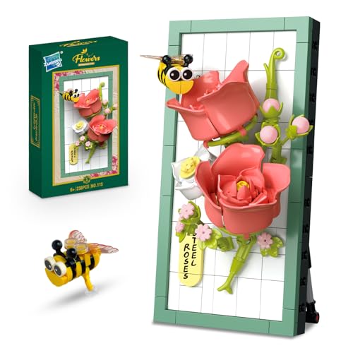 Miyacare Botanische Lilie, 294 PCS Blumen Insekt Bausteine, Schreibtisch-Deko für Kinder ab 8 Jahren, Pflegeleichte Spielzeug-Pflanze, Geschenk für Mädchen und Jungen (Rosa Rose & Biene) von Miyacare