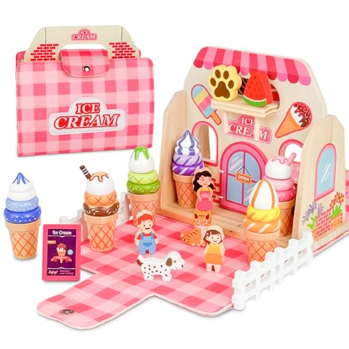 Miyacare Eisdiele Kinder Holz, Kinderküche Zubehör ab 3 Jahre, Holzspielzeug Spielküche Zubehör, Montessori Spielzeug, Geschenk für Jungen Mädchen (Eiscreme) von Miyacare
