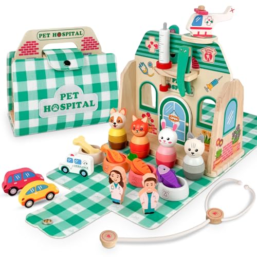 Miyacare Eisdiele Kinder Holz, Kinderküche Zubehör ab 3 Jahre, Holzspielzeug Spielküche Zubehör, Montessori Spielzeug, Geschenk für Jungen Mädchen (Haustiere) von Miyacare