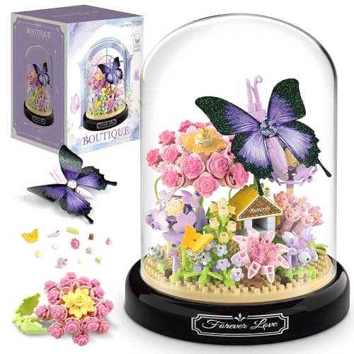 Miyacare Schmetterling Blumen Micro Mini Baustein Set, Blumen Insekten klemmbausteine Bausteine mit Staubdichte Kuppel Und Sockel, Geschenk für Mädchen ab 6 Jahren und Erwachsene (Schmetterling) von Miyacare
