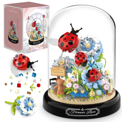 Miyacare Siebenpunkt-Marienkäfer Blumen Micro Mini Baustein Set, Blumen Insekten klemmbausteine Bausteine mit Staubdichte Kuppel Und Sockel, Geschenk für Mädchen ab 6 Jahren (Siebenpunkt-Marienkäfer) von Miyacare