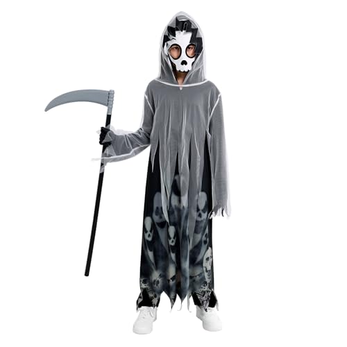Miyanuby Halloween-Kostüm für Jungen und Mädchen, Skelett, Halloween-Kostüme für Kinder, gruseliges Sensenmann-Kostüm, Skelett-Kapuzenumhang, Umhang, Umhang, Maske, Handschuhe, Sense Miyanuby Halloween-Kostüm für Jungen und Mädchen, Skelett, Halloween-Kostüme für Kinder, gruseliges Sensenmann-Kostüm, Skelett-Kapuzenumhang, Umhang, Umhang, Maske, Handschuhe, Sense von Miyanuby