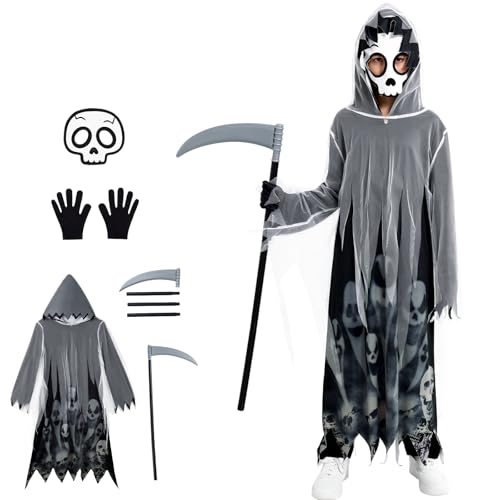 Miyanuby Halloween-Kostüm für Jungen und Mädchen, Skelett, Halloween-Kostüme für Kinder, gruseliges Sensenmann-Kostüm, Skelett-Kapuzenumhang, Umhang, Umhang, Maske, Handschuhe, Sense Miyanuby Halloween-Kostüm für Jungen und Mädchen, Skelett, Halloween-Kostüme für Kinder, gruseliges Sensenmann-Kostüm, Skelett-Kapuzenumhang, Umhang, Umhang, Maske, Handschuhe, Sense von Miyanuby