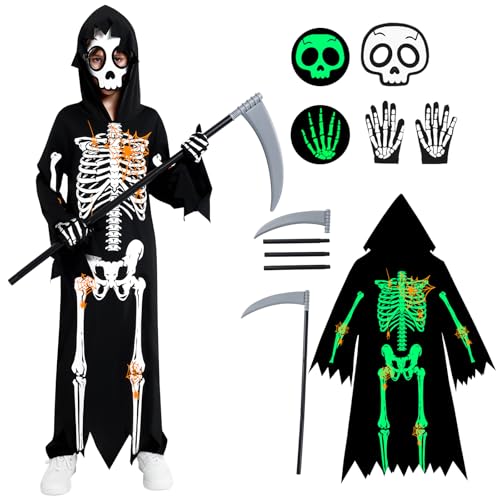 Miyanuby Halloween-Skelett-Kostüme für Kinder, leuchtet im Dunkeln, Umhang, Robe, Jungen und Mädchen, Halloween-Kostüm, Sensenmann-Outfit, Umhang + Maske + Handschuhe + Sense Set (10–12 Jahre) von Miyanuby