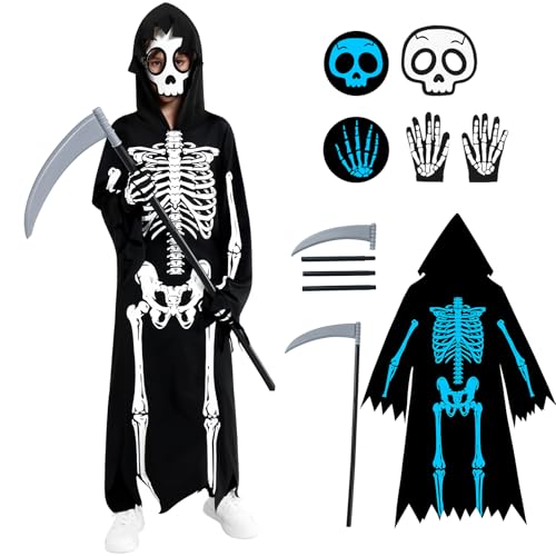 Miyanuby Halloween-Skelett-Kostüme für Kinder, leuchtet im Dunkeln, Umhang, Robe, Jungen und Mädchen, Halloween-Kostüm, Sensenmann-Outfit, Umhang + Maske + Handschuhe + Sense Set (12–14 Jahre) von Miyanuby