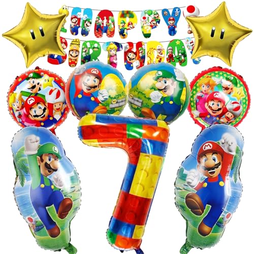 10 Stück Super Mari Luftballons Geburtstag Set 7 Jahre Junge/Mädchen, Mari Geburtstagsdeko Folienballon, Kindergeburtstag Luftballons, Mari Bros Geburtstag Party Deko Ballons Set für Kinder(7) von Mizijia