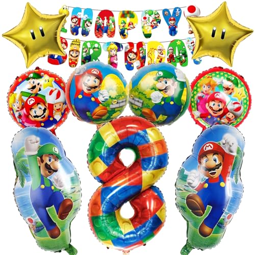 10 Stück Super Mari Luftballons Geburtstag Set 8 Jahre Junge/Mädchen, Mari Geburtstagsdeko Folienballon, Kindergeburtstag Luftballons, Mari Bros Geburtstag Party Deko Ballons Set für Kinder(8) von Mizijia