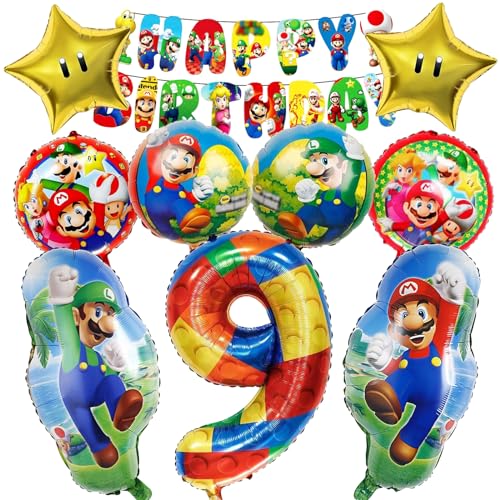 10 Stück Super Mari Luftballons Geburtstag Set 9 Jahre Junge/Mädchen, Mari Geburtstagsdeko Folienballon, Kindergeburtstag Luftballons, Mari Bros Geburtstag Party Deko Ballons Set für Kinder(9) von Mizijia