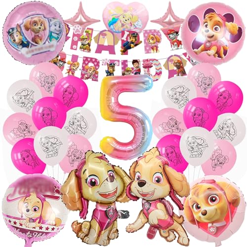 26 Stück Geburtstag Party Set 5 Jahre Mädchen, Luftballons Geburtstag Set, Kindergeburtstag Set, Paw Dog Geburtstagsdeko Ballons Set, Geburtstag Deko Party Set für Kinder（5） von Mizijia