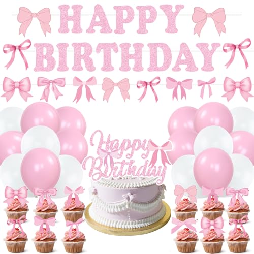 47pcs Schleife Geburtstag Dekorationen, Happy Birthday Deko, Geburtstagsdeko, Luftballons, mit Schleife Cupcake Topper, Happy Birthday Banner Dekoration für Frauen (Rosa) von Mizijia